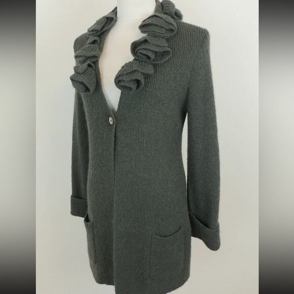 Soft Surroundings Ruffled Neck Cardigan Green "La Vie En Rose" Alpaca Wool Blend - Picture 1 of 5